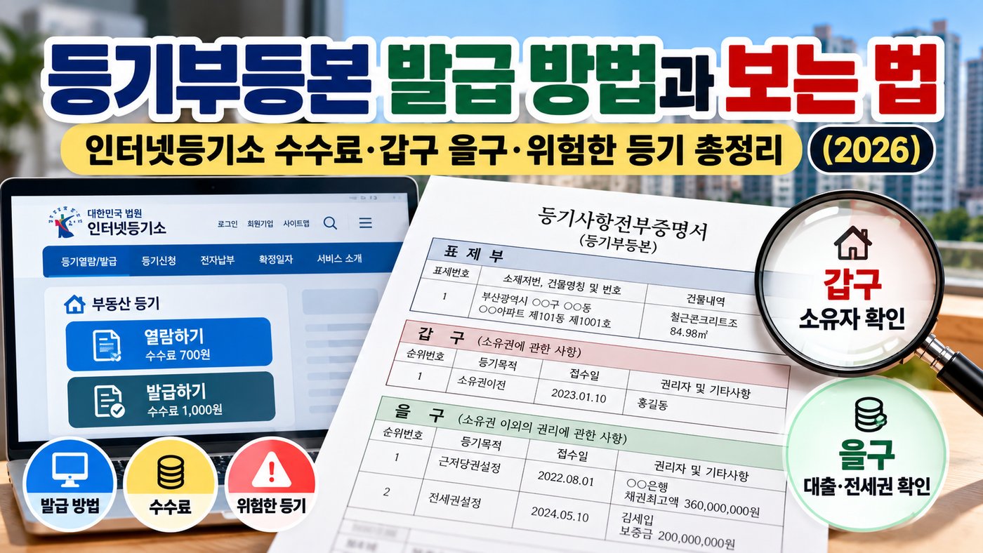 2026 등기부등본 발급 방법과 보는 법|인터넷등기소 수수료·갑구 을구·위험한 등기 총정리